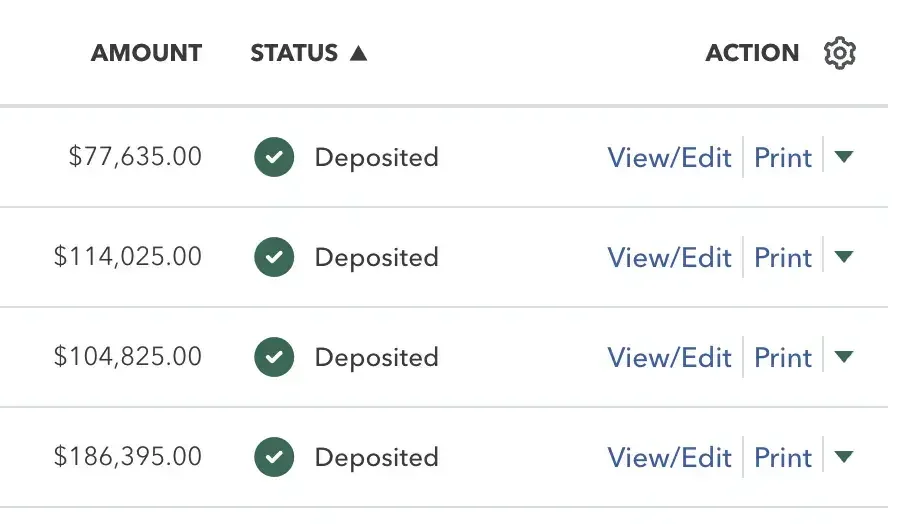 Invoice list: four invoices of $77,635.00, $114,025.00, $104,825.00 and $186,395.00, all deposited